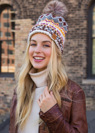 Patterned Knit Hat with Faux Fur Pom