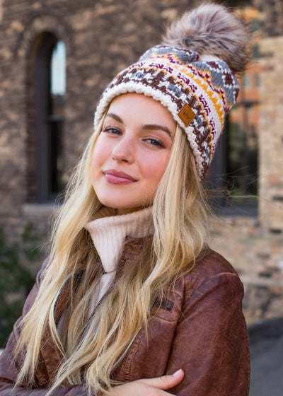 Patterned Knit Hat with Faux Fur Pom