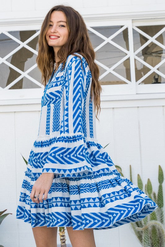 Embroidered Pattern Ruffle Bell Sleeve Dress