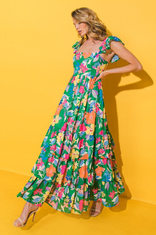 knee length dresses for ladies Painted Colorful Floral Tiered Maxi Dress Black / L
