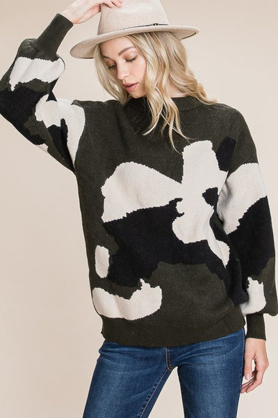 Quinn Camo Pattern Puff Sleeve Sweater