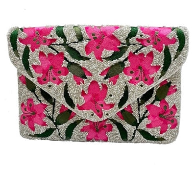 Pink Lilies Handmade Beaded Envelope Clutch