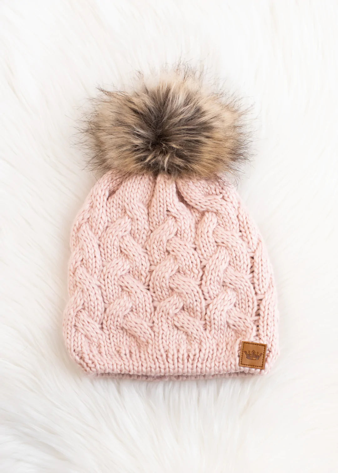 Braided Knit Hat with Faux Fur Pom