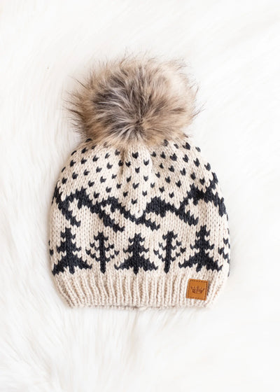 Tree Pattern Knit Hat with Faux Fur Pom