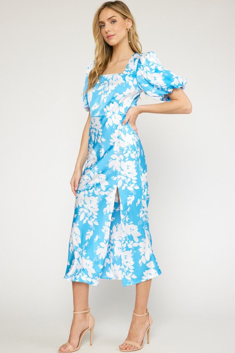 knee length dresses for ladies Petunia Navy Satin Floral Bardot Midi Dress – Club L London