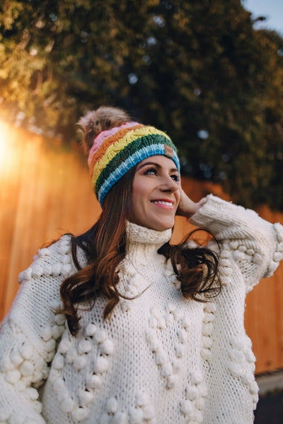 Pink Rainbow Stripe Cable Knit Hat with Pom