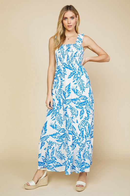 Mariana Blue & White Foliage Print Maxi Dress