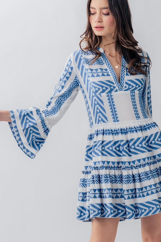 Embroidered Pattern Ruffle Bell Sleeve Dress