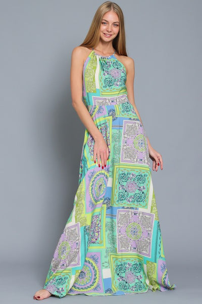 Clover Scarf Print Halter Maxi Dress