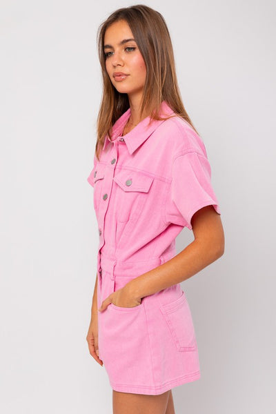 Sadie Short Sleeve Pink Denim Romper
