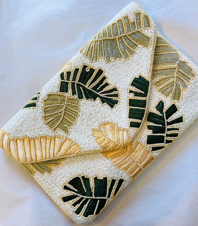 Foliage Print Handmade Beaded Clutch