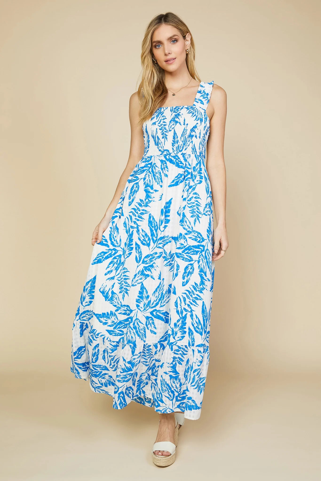 Mariana Blue & White Foliage Print Maxi Dress