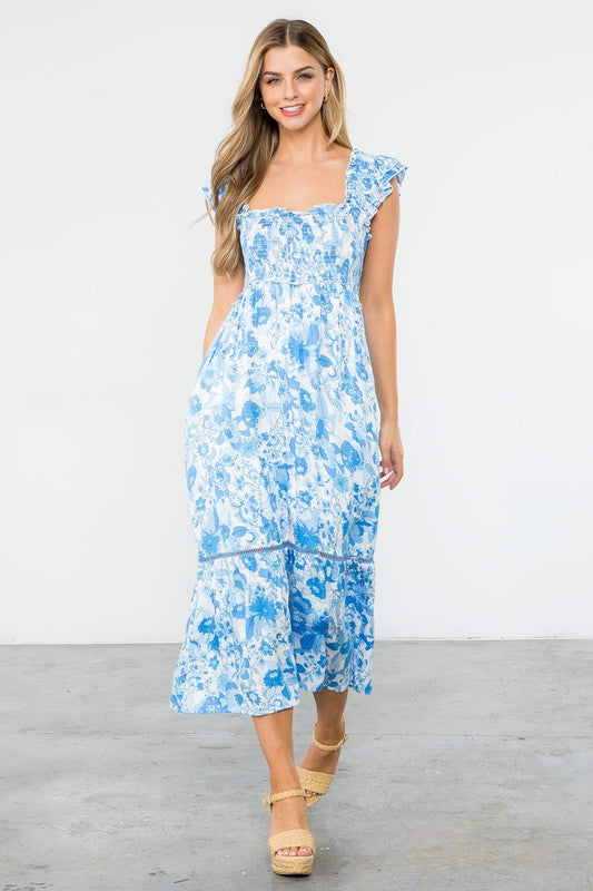 Daphne Smocked Floral Print Maxi Dress - M