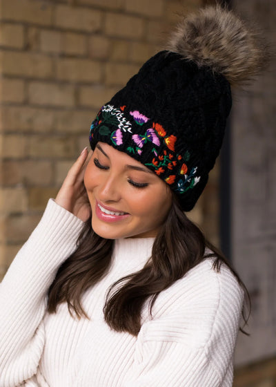 Cableknit Pom Hat with Embroidery and Faux Fur Pom