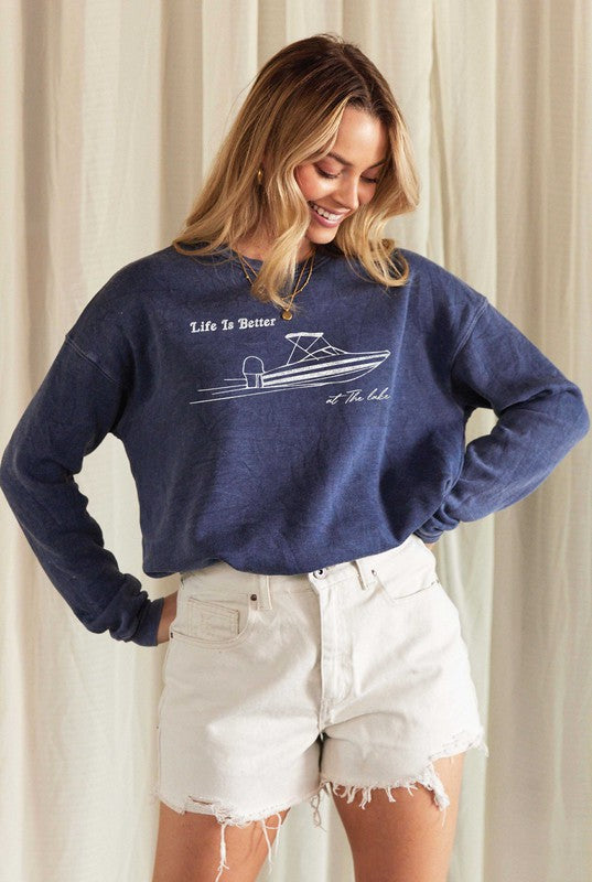 LIFE IS BETTER AT THE LAKE Mineral Washed Graphic Sweatshirt
