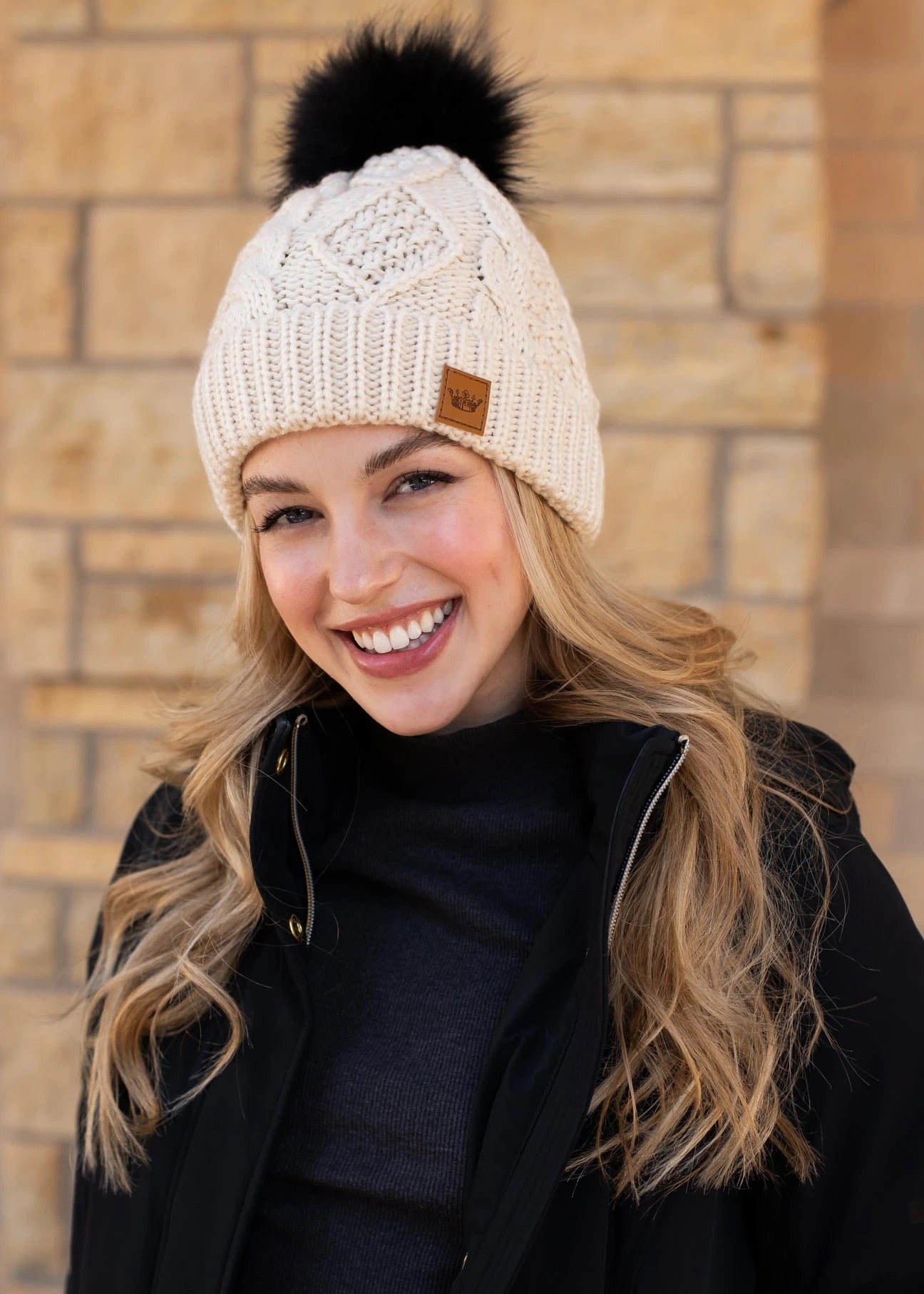 Ivory Cable Knit Hat with Black Pom