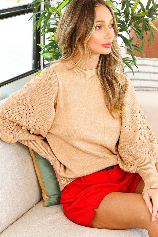 Audrey Pom Detail Puff Sleeve Sweater