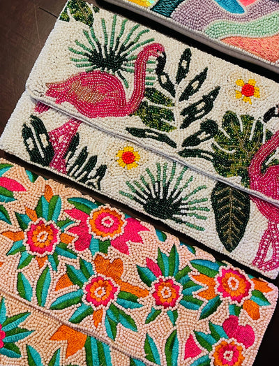 Flamingo Handmade Beaded Clutch Handbag