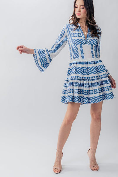 Embroidered Pattern Ruffle Bell Sleeve Dress