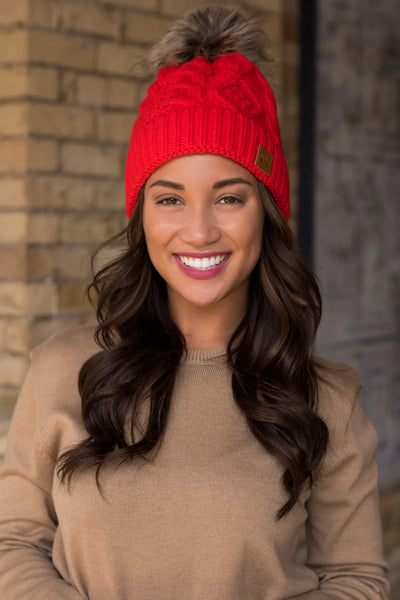 Cable Knit Hat with Faux Fur Pom