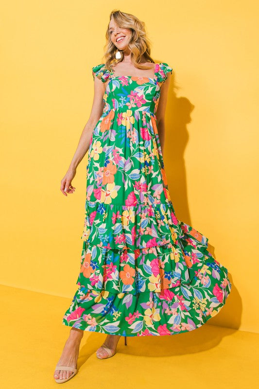 Daphne Floral Print Tiered Maxi Dress - Medium