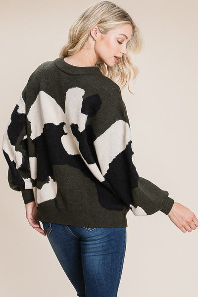 Quinn Camo Pattern Puff Sleeve Sweater