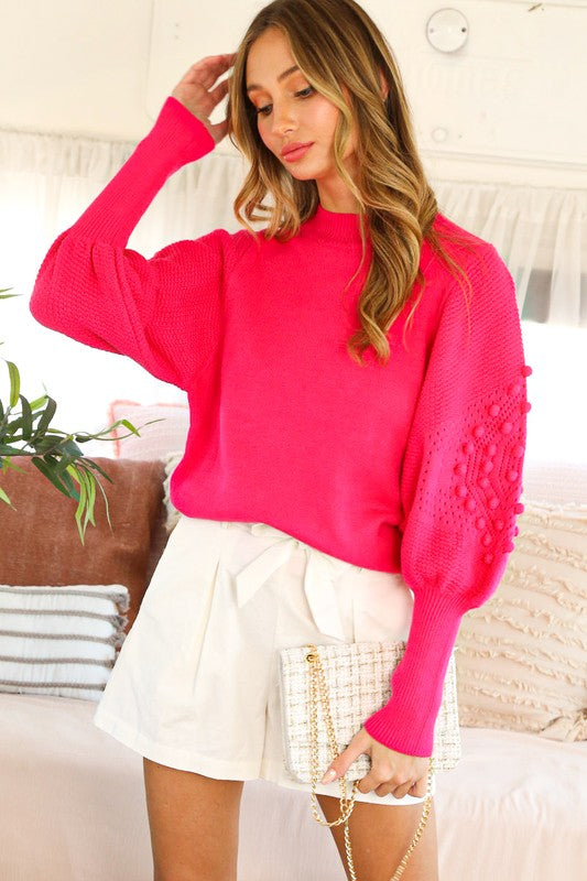 Audrey Pom Detail Puff Sleeve Sweater