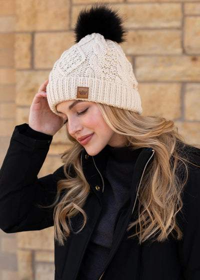 Ivory Cable Knit Hat with Black Pom