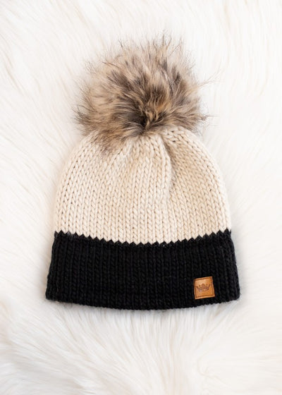 Color-block Knit Hat with Faux Fur Pom