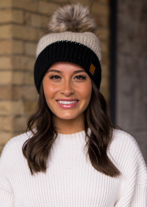 Block Colour Hat Color-block Knit Hat with Faux Fur Pom – Style Trolley