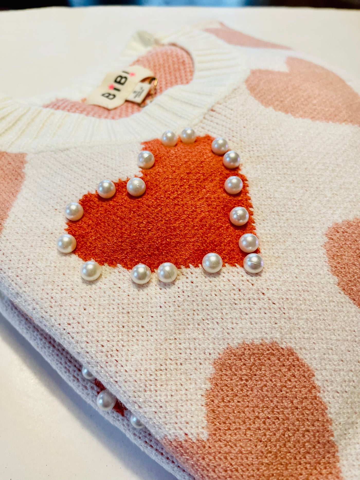 Heart Pattern Pearl Detail Knit Sweater