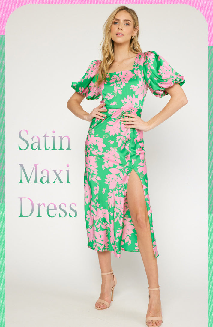 Natasha Satin Floral Print Midi Dress - Green Medium Natasha Satin Floral Print Midi Dress - Green Medium