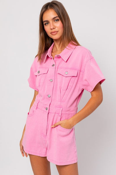 Sadie Short Sleeve Pink Denim Romper