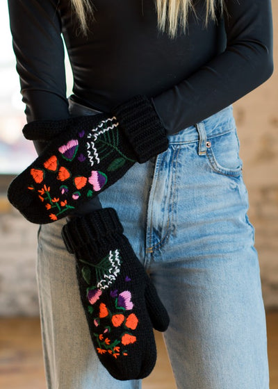 Black Hand Stitched Floral Knit Mittens