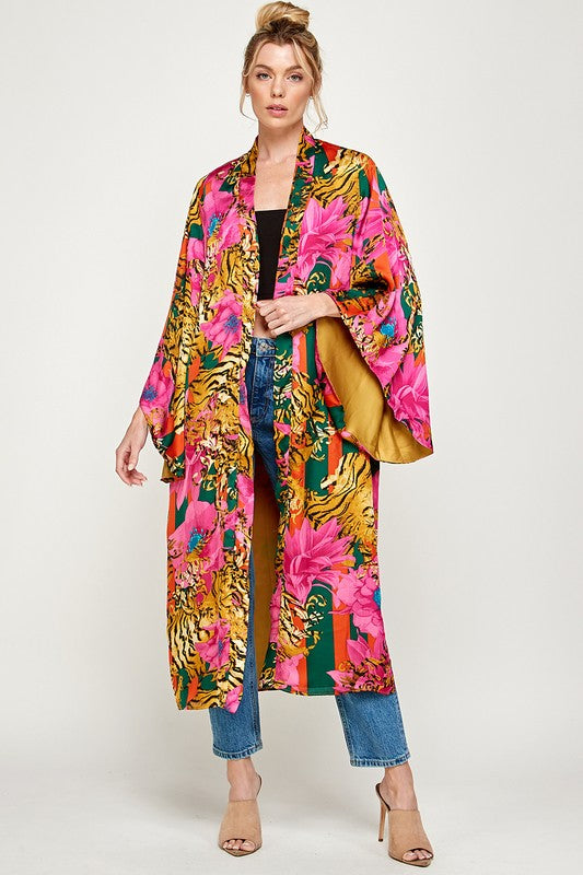 Tiger & Floral Print Kimono Robe