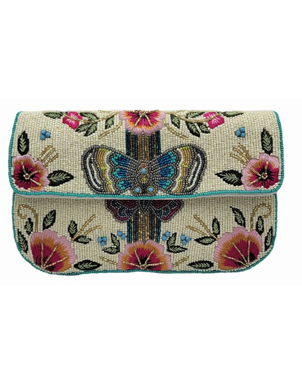 Butterfly & Pink Floral Beaded Clutch