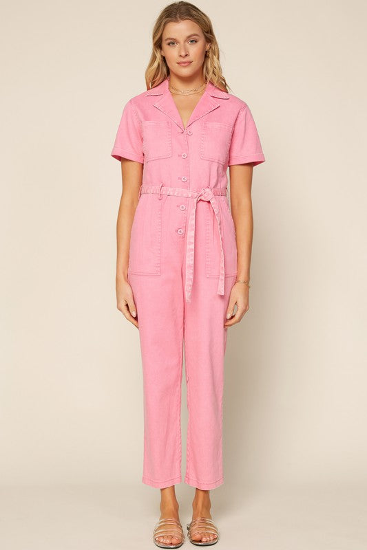 Pink short sleeve jumpsuit best sale