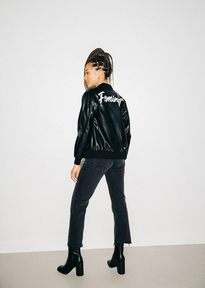 Style Trolley Feminist Vegan Leather Embroidered Varsity Jacket S