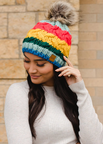 Multicolor Stripe Knit Hat with Pom