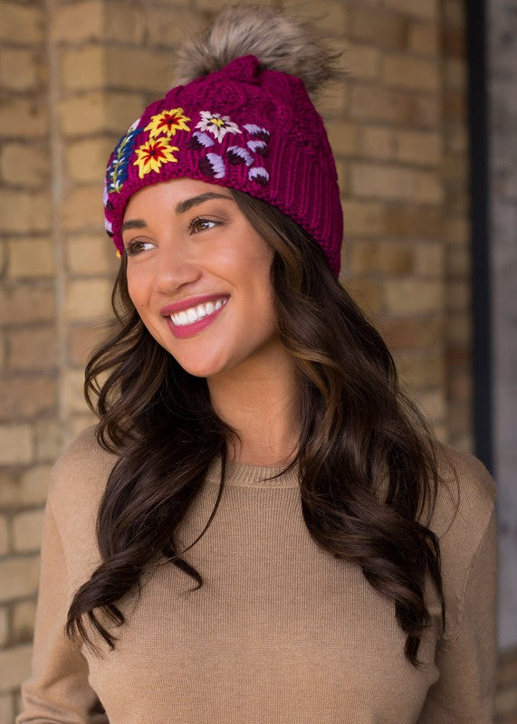 Embroidered Cable Knit Pom Hat