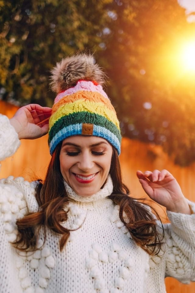 Pink Rainbow Stripe Cable Knit Hat with Pom