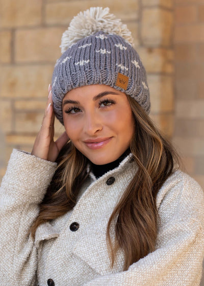 Gray Knit Hat with Cream Pattern
