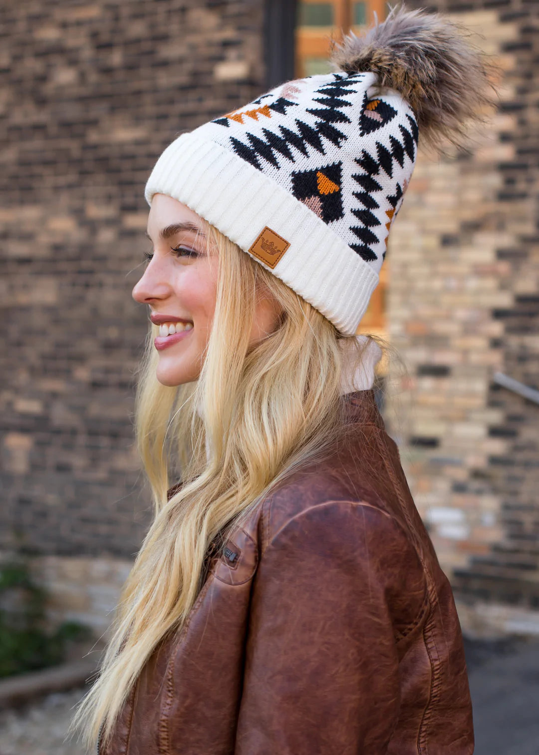Tribal Pattern Knit Hat with Faux Fur Pom – Style Trolley