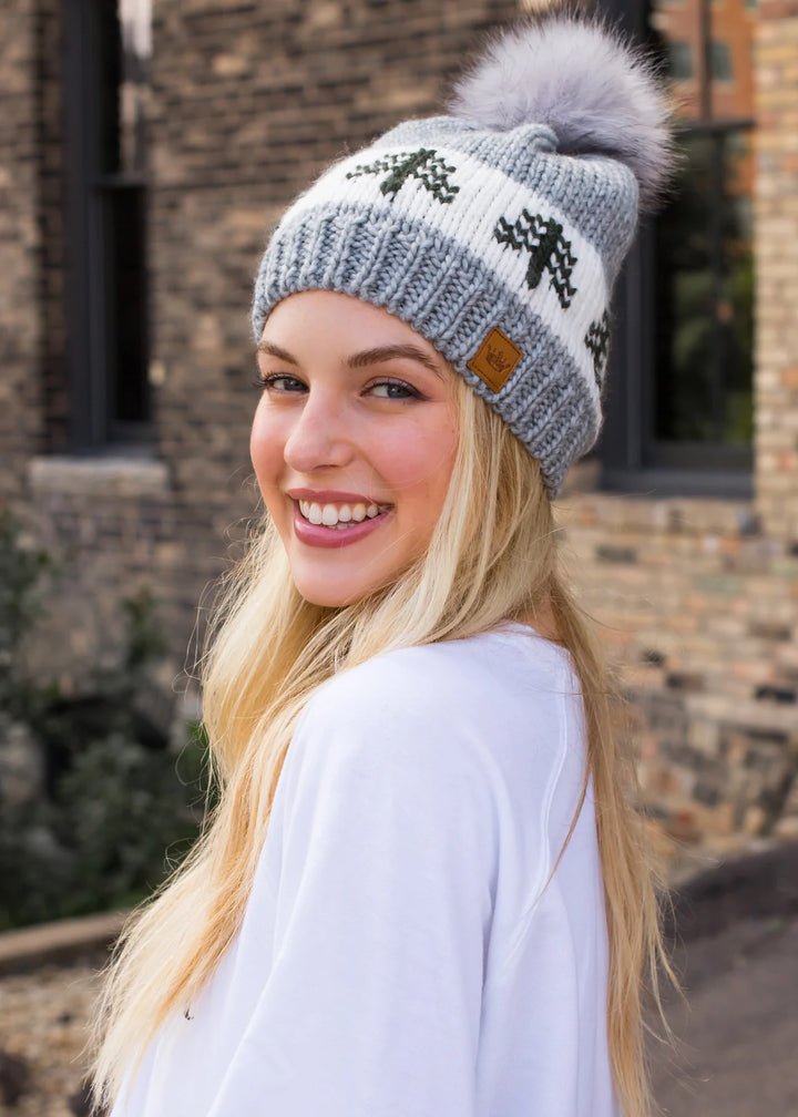 Gray White Green Pine Evergreen Tree Holiday Knit Faux Fur Pom Beanie Winter Hat Holiday Green Knit Evergreen Trees Winter Faux Fur Pompom  main image 4
