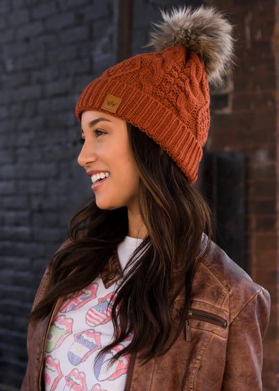 Cable Knit Hat with Faux Fur Pom