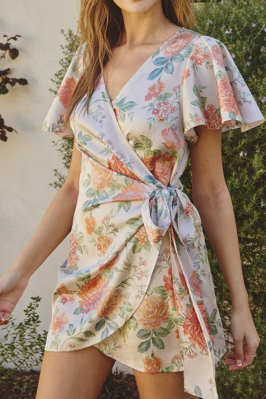 Aurora Floral Print Satin Mini Dress